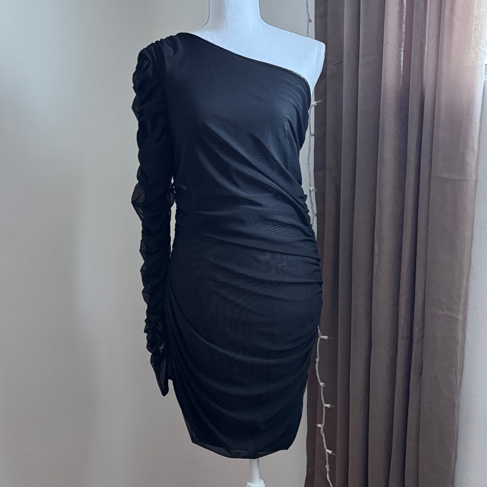 NWT All Saints Elegant Black Sheer Mesh One-Shoulder Dress Size 6